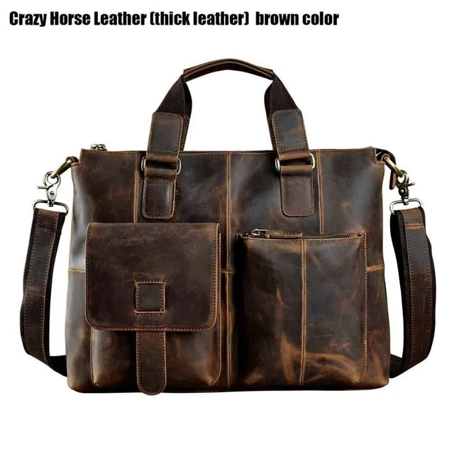 Men Quality Leather Antique Retro Business Briefcase 15.6" Laptop Case Attache Portfolio Bag