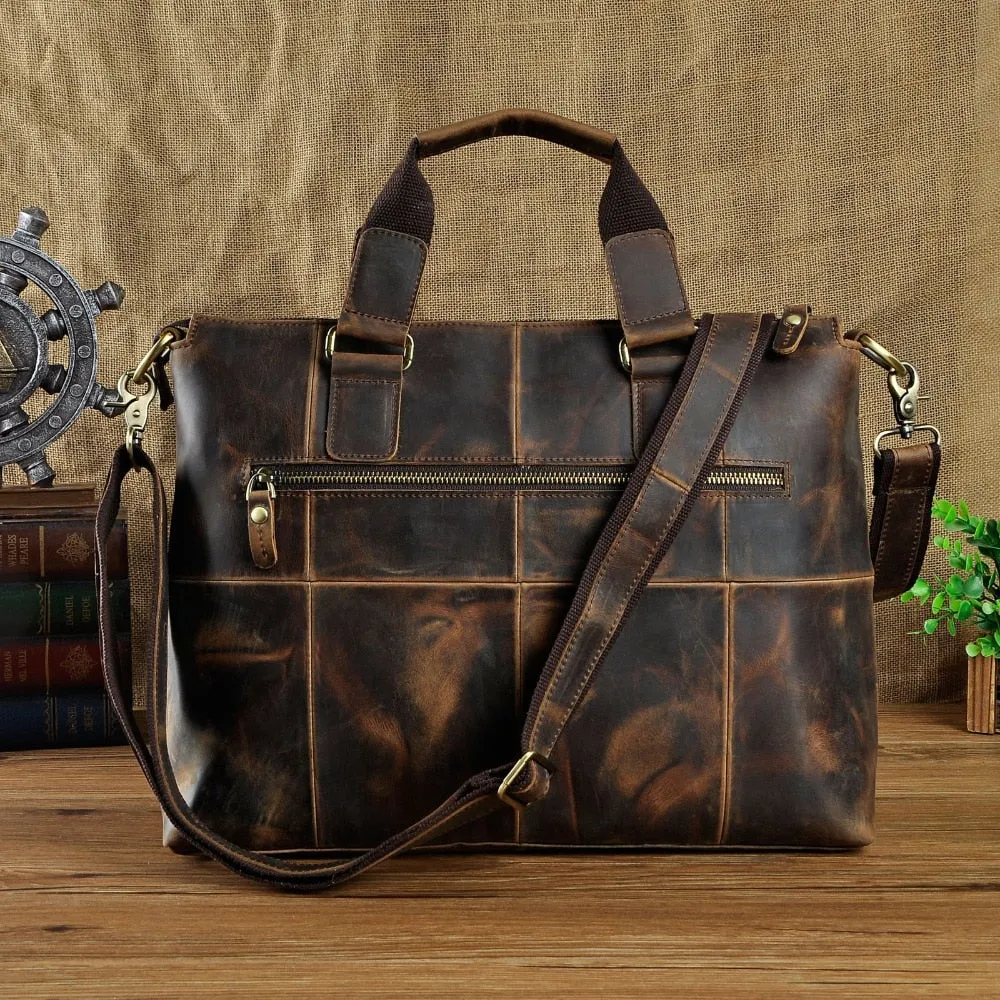 Men Quality Leather Antique Retro Business Briefcase 15.6" Laptop Case Attache Portfolio Bag