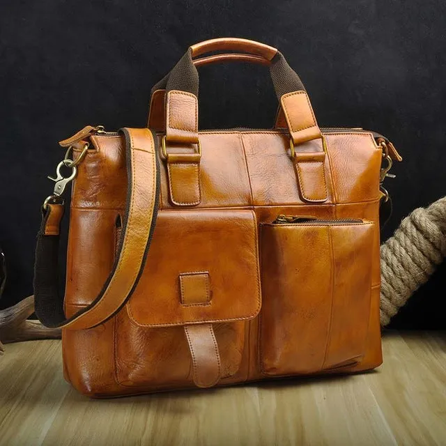 Men Quality Leather Antique Retro Business Briefcase 15.6" Laptop Case Attache Portfolio Bag