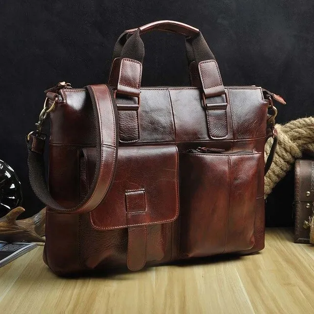 Men Quality Leather Antique Retro Business Briefcase 15.6" Laptop Case Attache Portfolio Bag