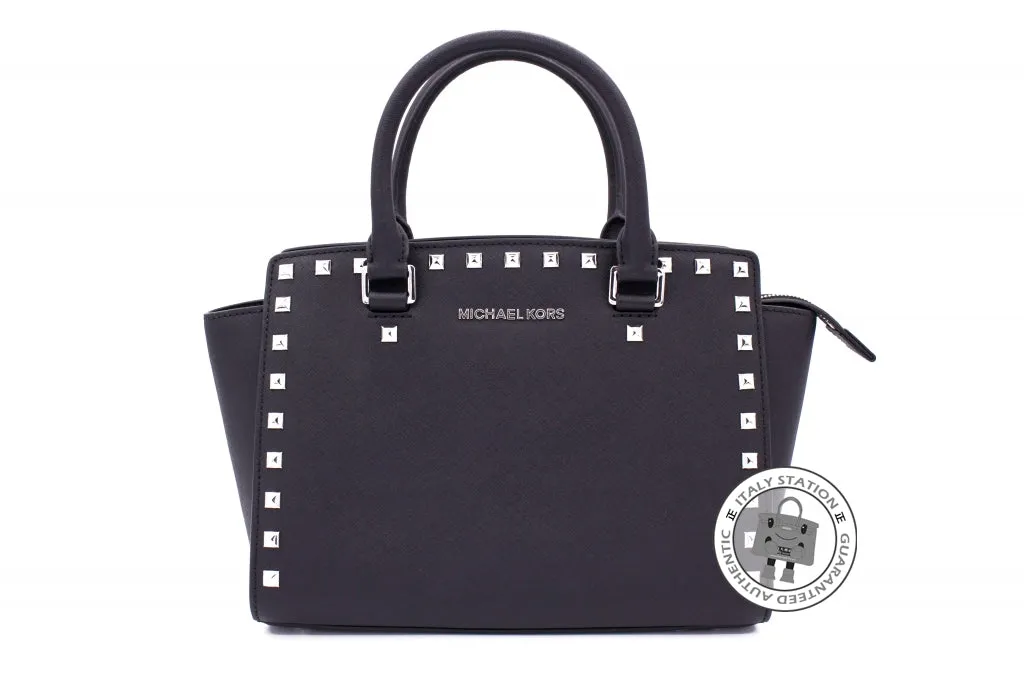 Michael Kors 30T3GSMS2L Selma Stud TZ Satchel Black / 001 Calfskin Medium Messenger Bags Shw