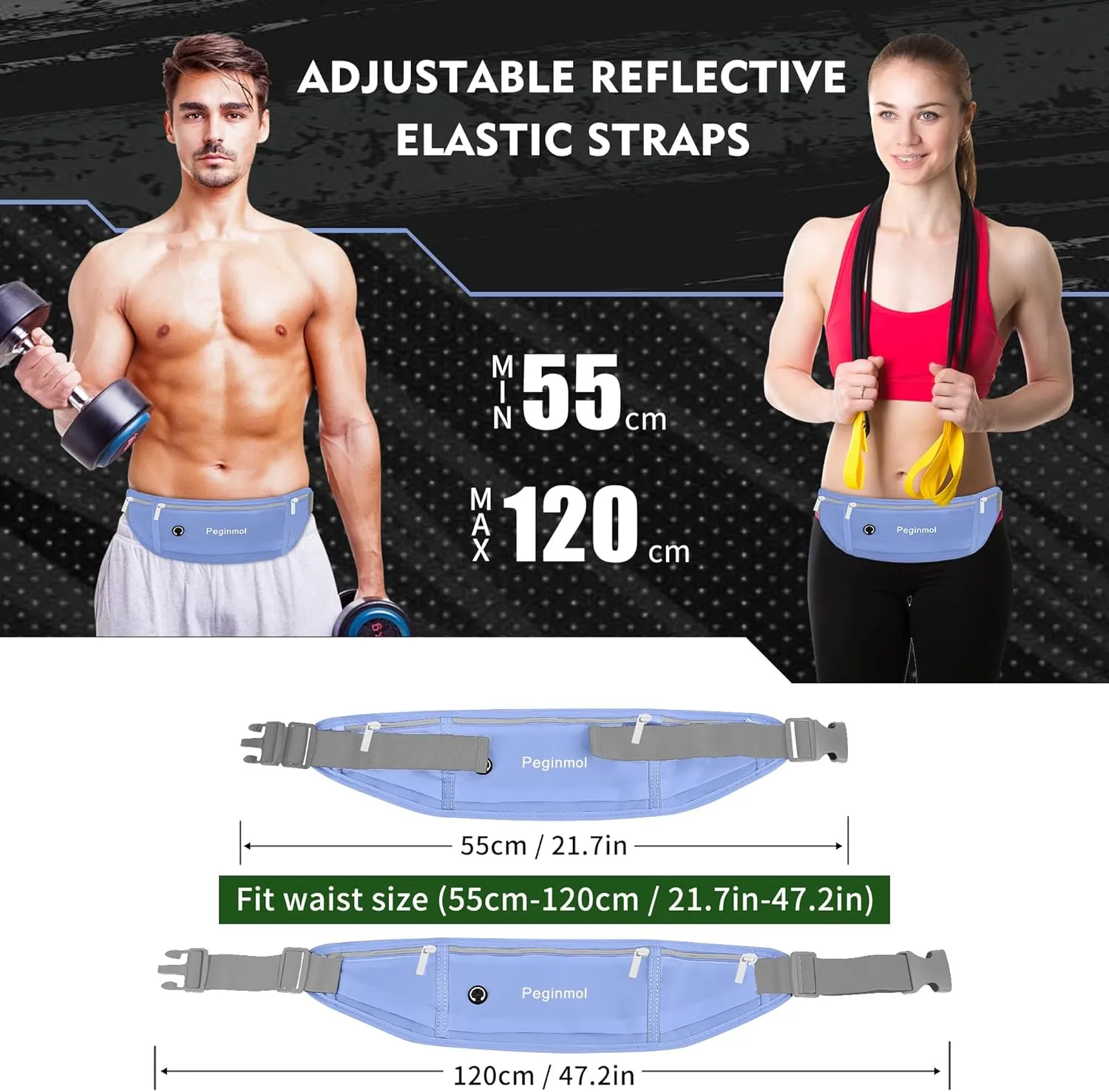 Slim Running Belt Fanny Pack, Waist Pack Bag for Women Men, Running Pouch for Phone Waterproof Reflective with 3 Pouches, Running Phone Holder for Sports, Traveling (Blue)
