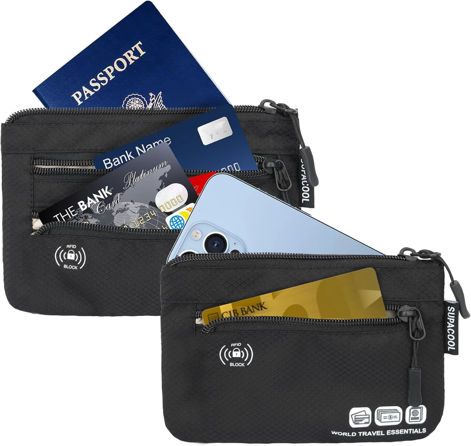 SUPACOOL Passport Holder Bag, Travel Wallet for Men Women Family, Passport Pouch, Card Holder Organizer, RFID Blocking, Two-piece Set(Black)