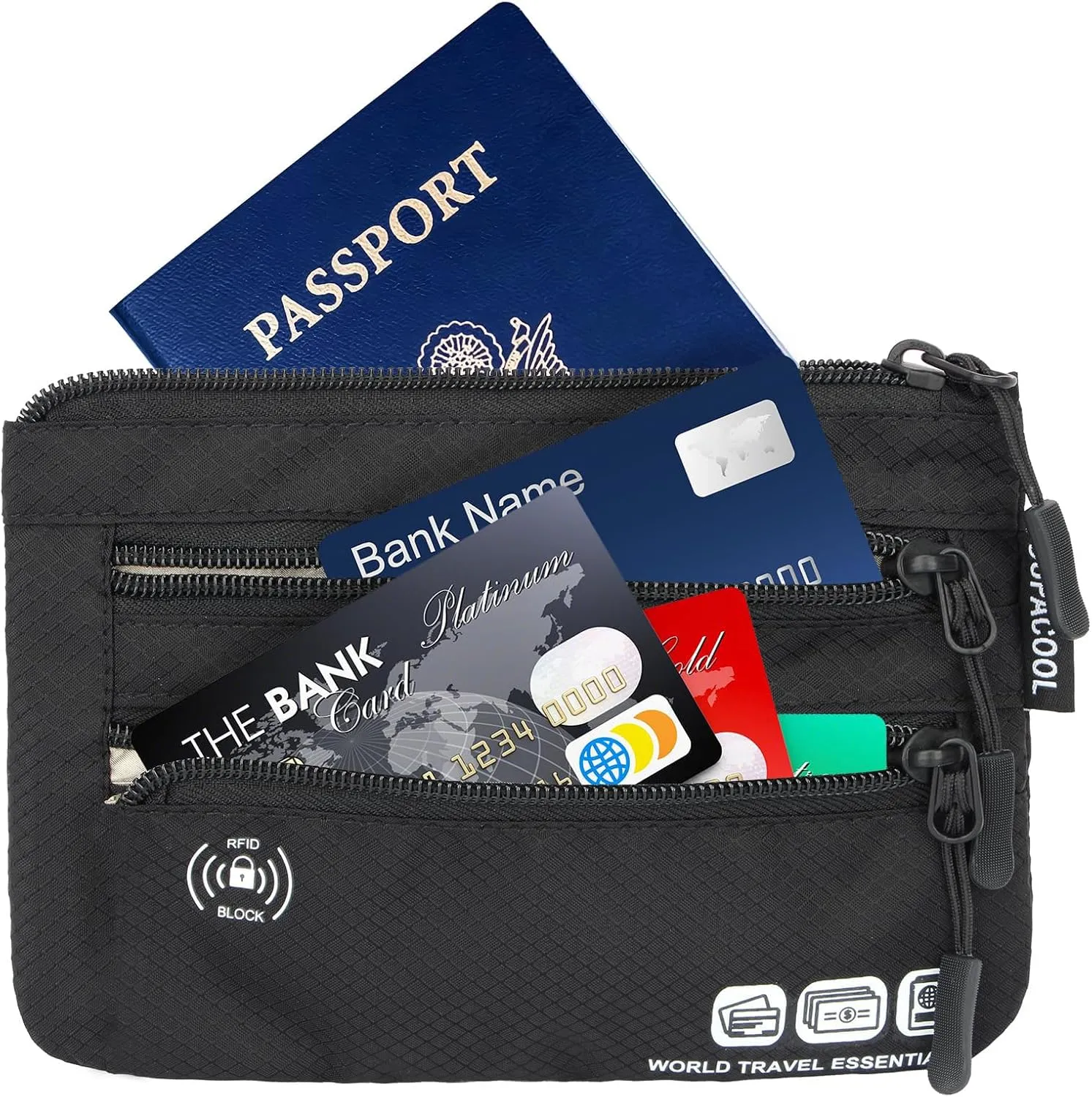 SUPACOOL Passport Holder Bag, Travel Wallet for Men Women Family, Passport Pouch, Card Holder Organizer, RFID Blocking, Two-piece Set(Black)