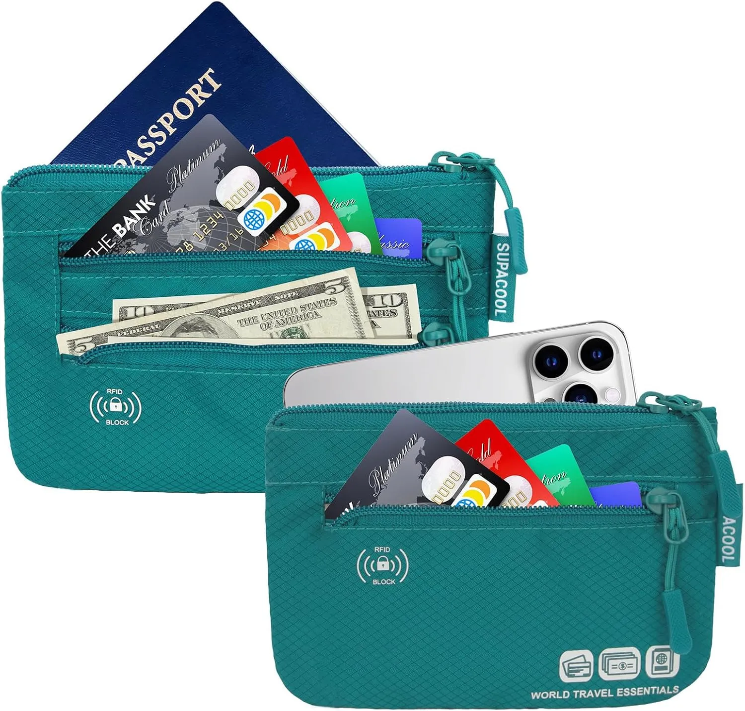 SUPACOOL Passport Holder Bag, Travel Wallet for Men Women Family, Passport Pouch, Card Holder Organizer, RFID Blocking, Two-piece Set(Green)