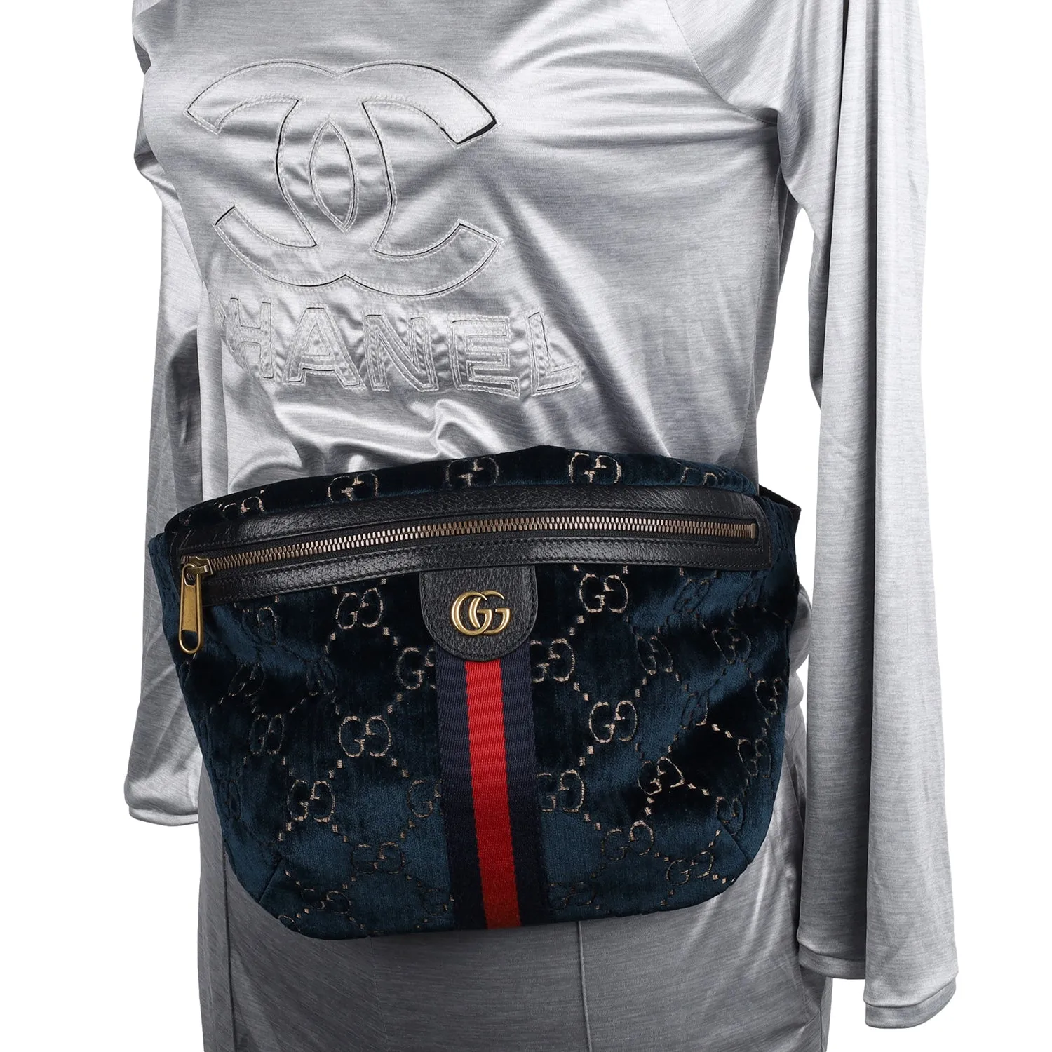 Velvet GG Monogram Web Belt Bag Blue Beige