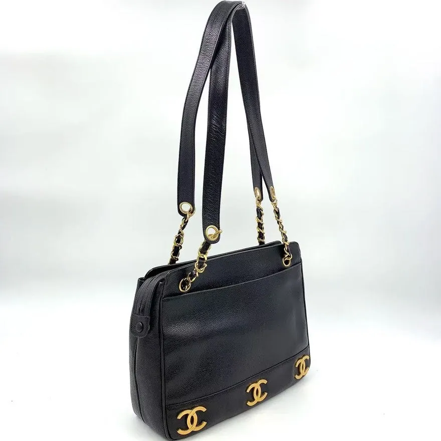 Vintage Chanel Caviar Leather Chain Tote Bag Black