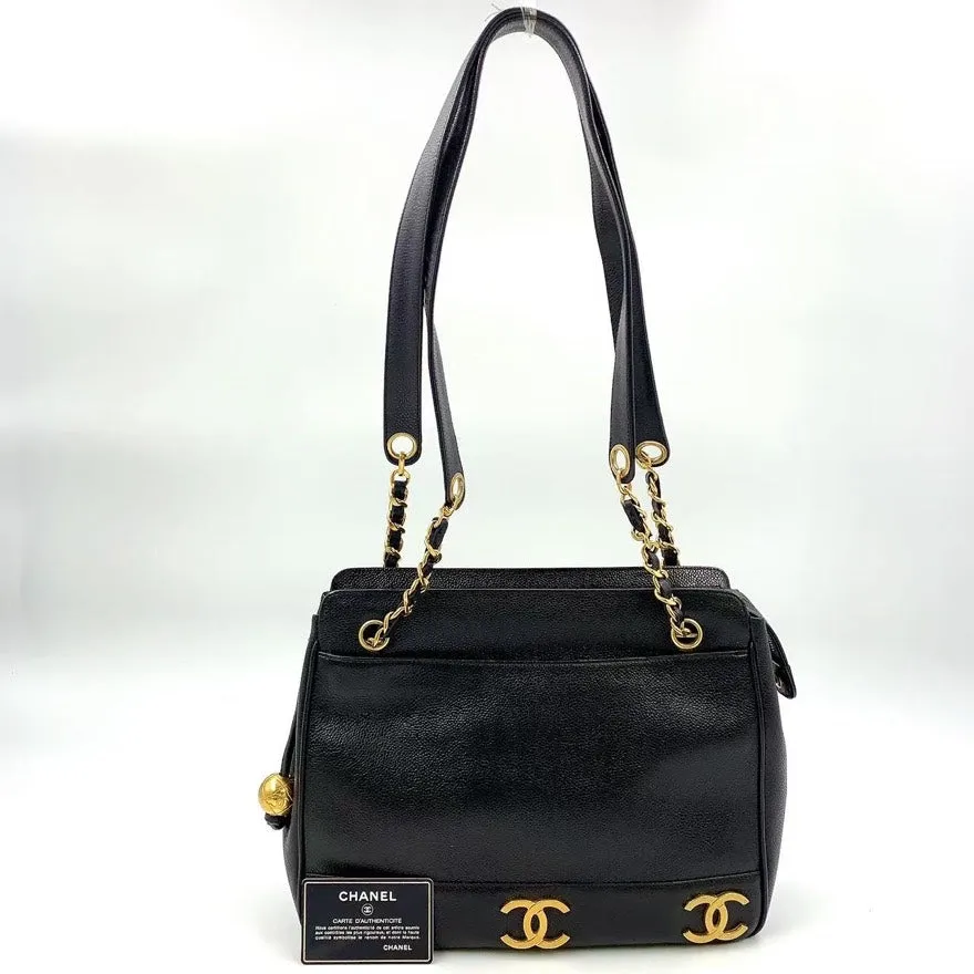 Vintage Chanel Caviar Leather Chain Tote Bag Black