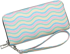 Womens Wallet Color Wave Strip Printing PU Leather Clutch Wallet Multi Credit Card Large Capacity Zip Around Travel Zipper Wristlet Phone Purse for Women